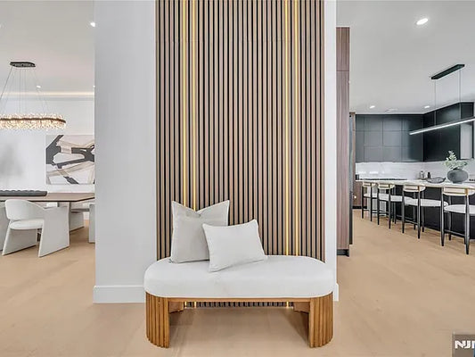 Luxury acoustic wood slat wall panel installed in modern interior