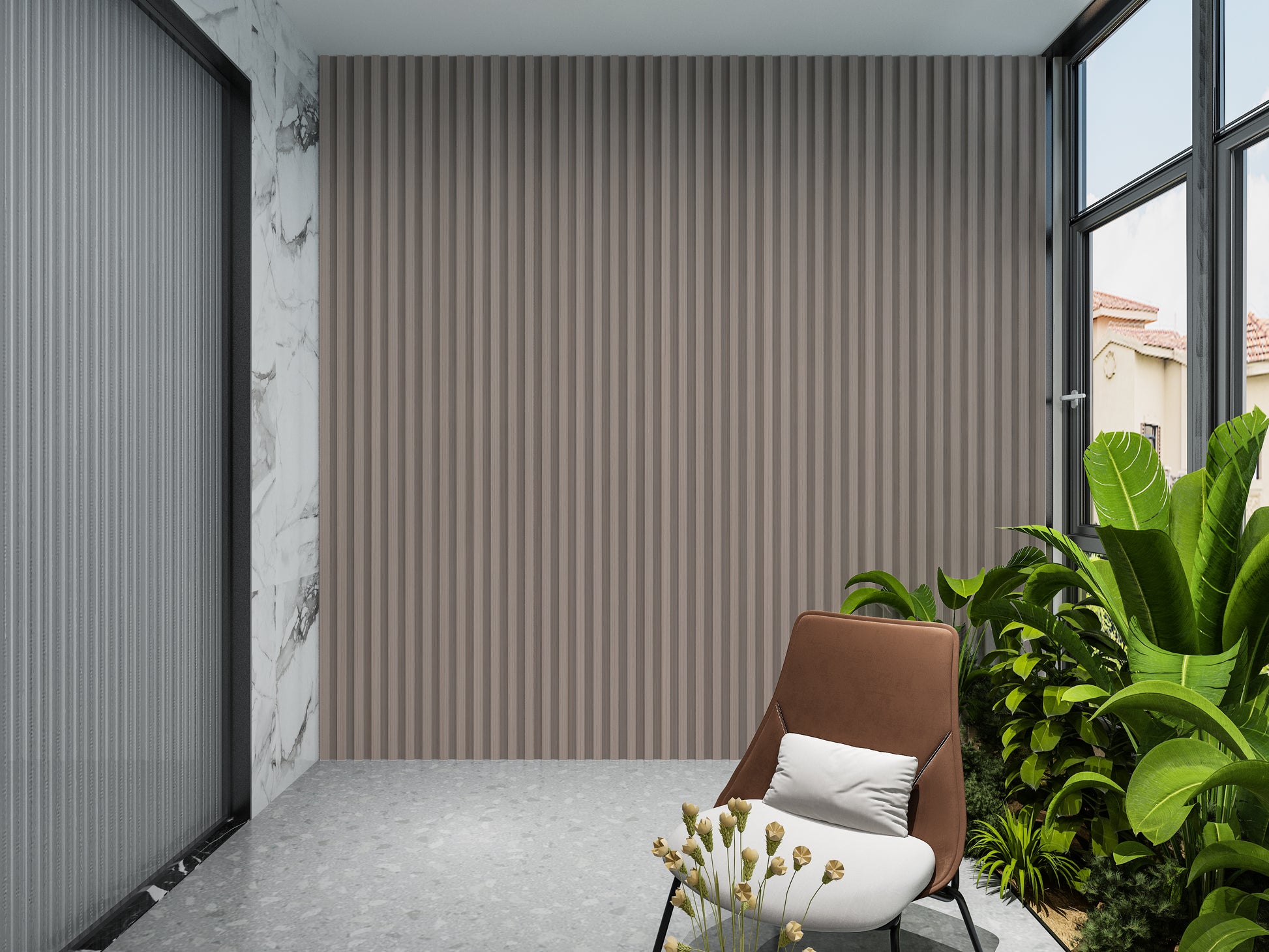Cedar Oak WPC Fluted 3D Wall Panels. NewGen Depot. Balcony Design With WPC Fluted Wall Panels