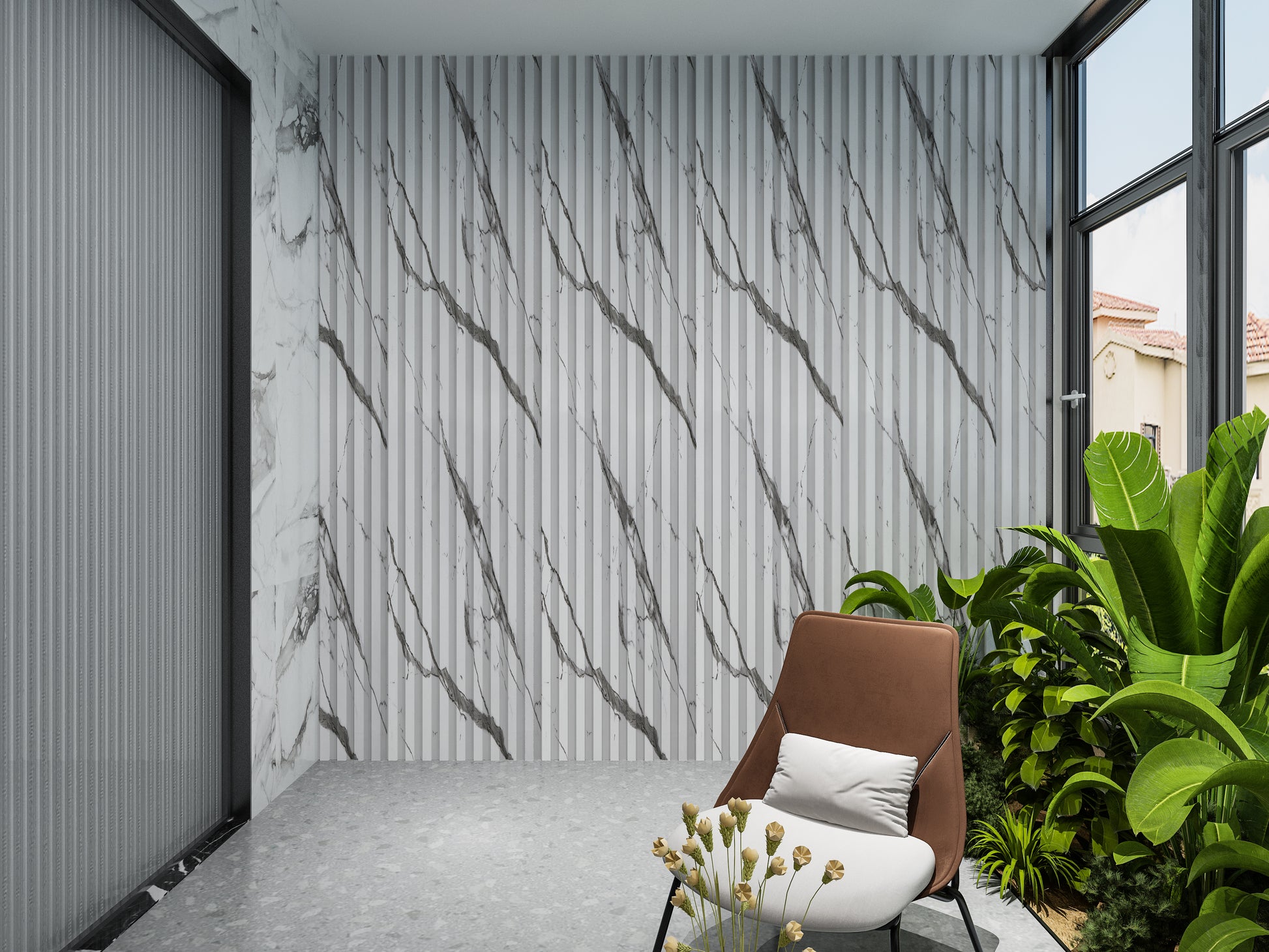 Gray Vain WPC Fluted 3D Wall Panels. NewGen Depot. Balcony Design With WPC Fluted Wall Panels