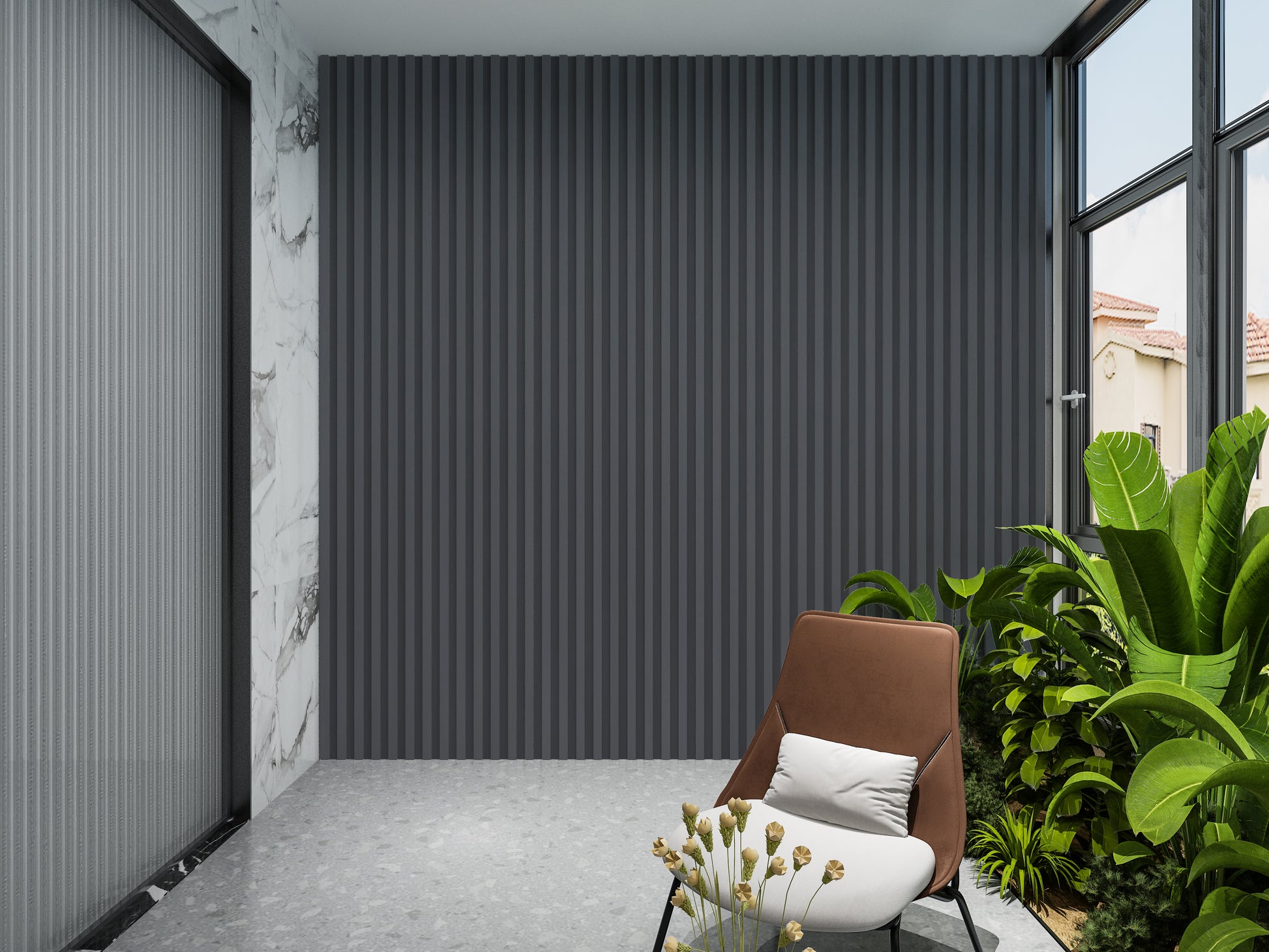 Silver Gray Metallic WPC Fluted 3D Wall Panels. NewGen Depot. Balcony Design With WPC Fluted Wall Panels