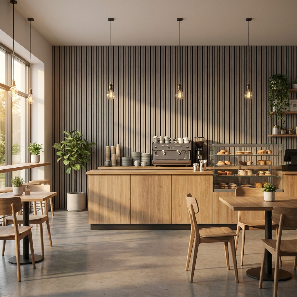 Modern cafe interior with ash gray acoustic slat wall panel feature wall and warm pendant lighting