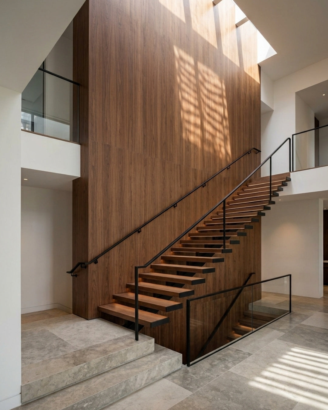 Walnut wood veneer paneling covering a double-height stairwell wall in a modern interior
