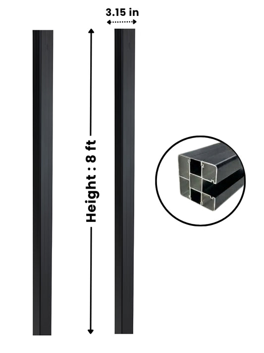 Front and side views of the NewGen 8 ft black inground gate post with 3.15-inch profile detail