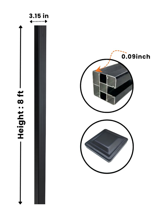 NewGen black 8 ft inground gate post with 3.15-inch profile, 0.09-inch wall detail, and post cap