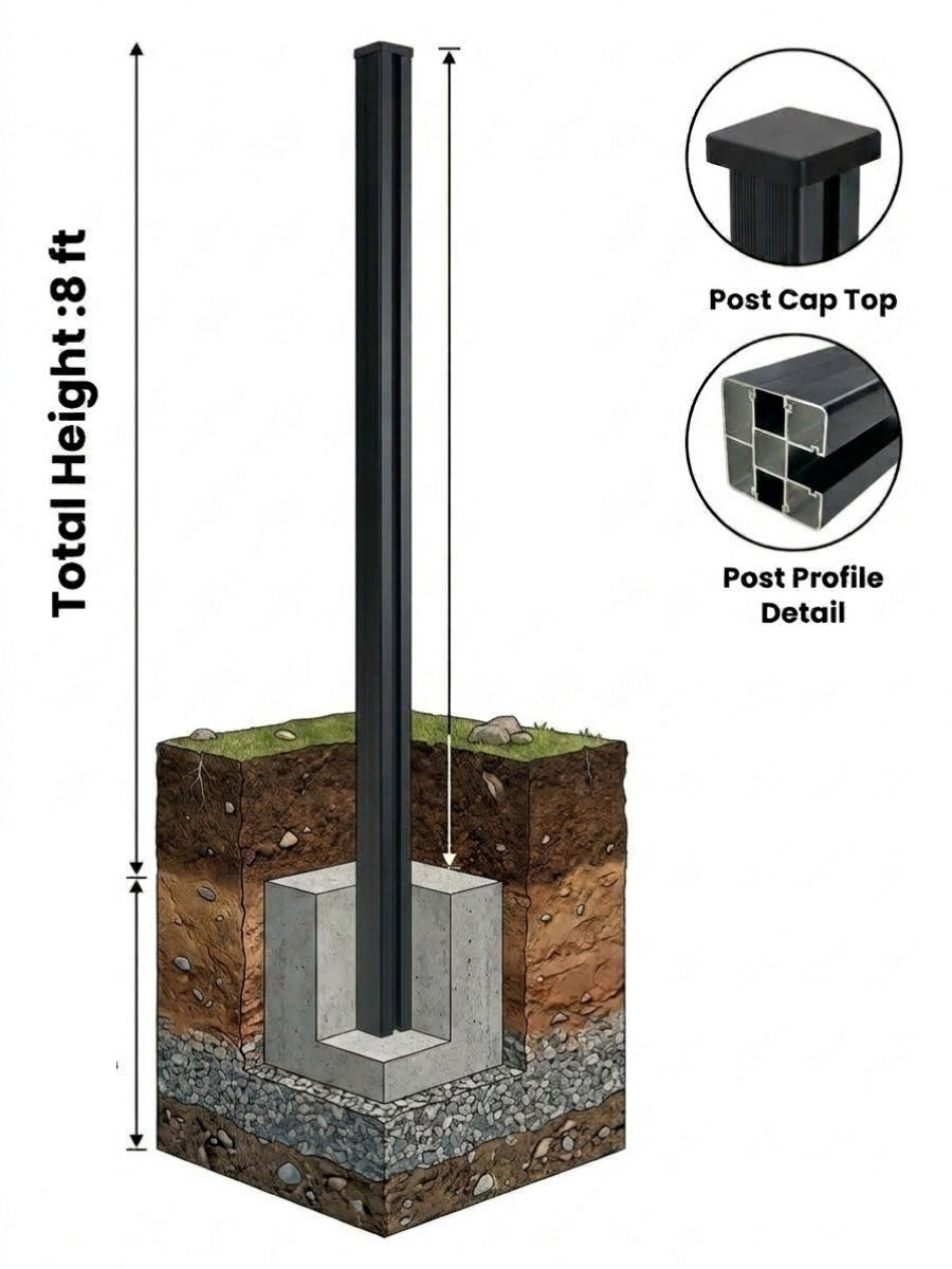NewGen 8 ft inground gate post embedded in a concrete footing, with post cap and profile detail
