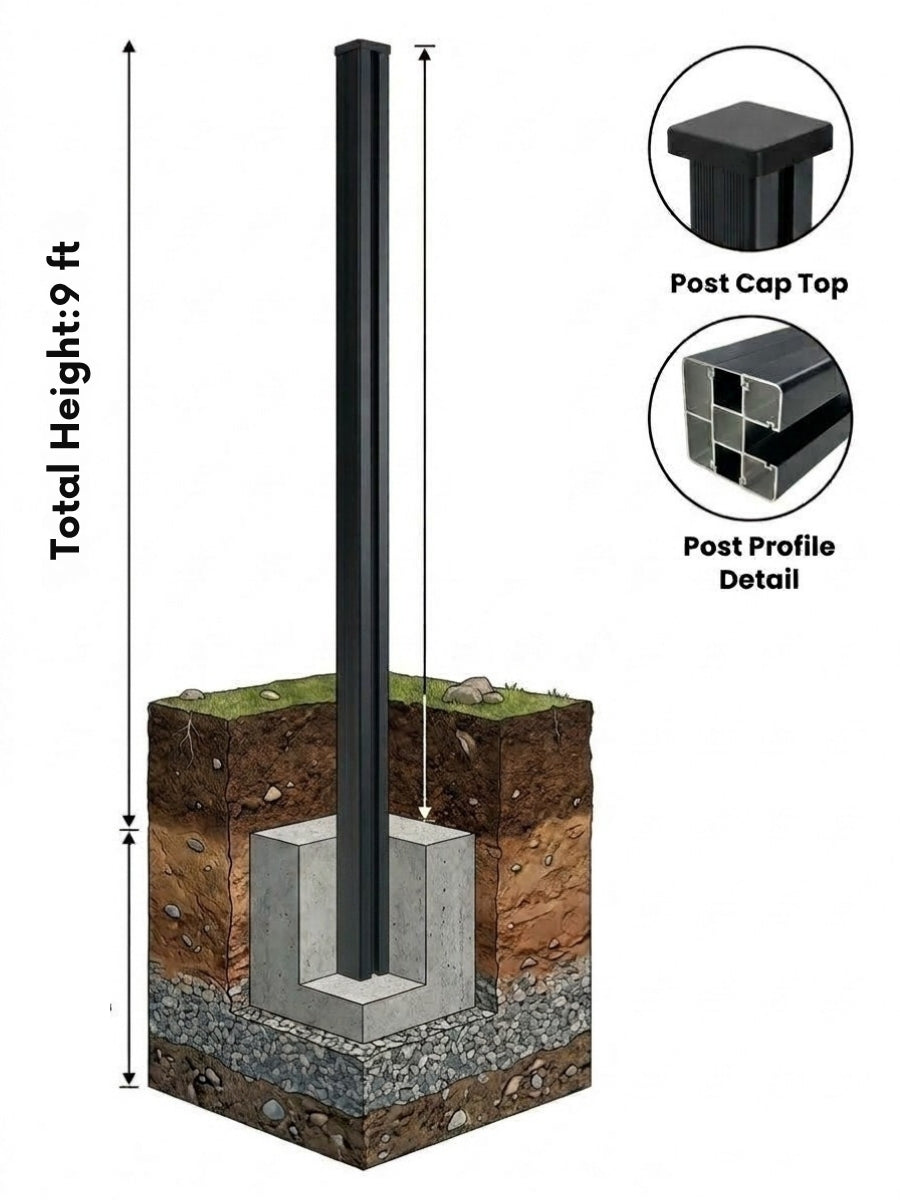 NewGen 9 ft inground gate post embedded in a concrete footing with post cap and profile details