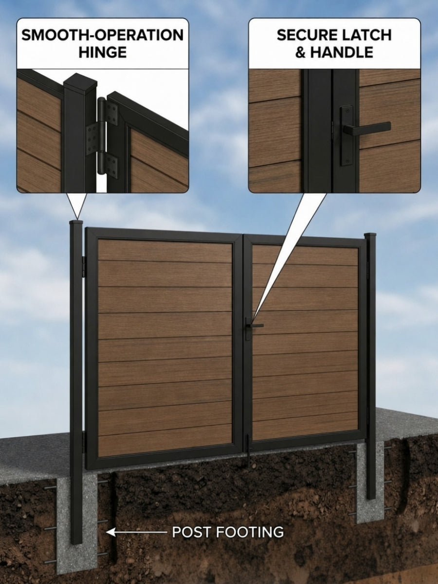 NewGen inground posts supporting a composite double gate, with hinge, latch, handle, and concrete footing details