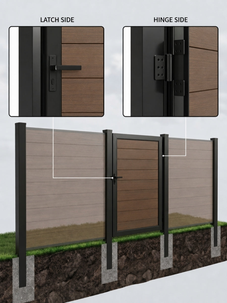 Installed composite fence and gate supported by NewGen inground posts, with close-ups of the latch and hinge sides