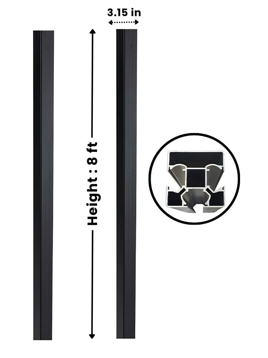 NewGen black 8 ft inground gate post shown in two profile views with 3.15 in width and cross-section detail