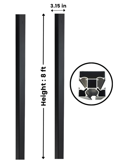 NewGen black 8 ft inground gate post shown in two profile views with 3.15 in width and cross-section detail