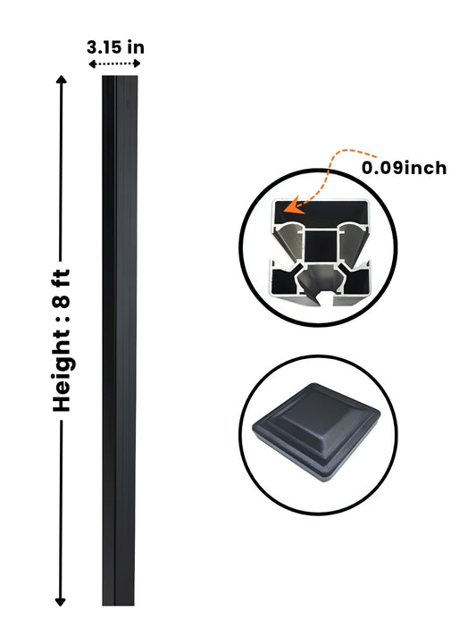 NewGen black 8 ft inground gate post for composite and aluminum gates with 3.15 in width, 0.09 in wall detail, and post cap