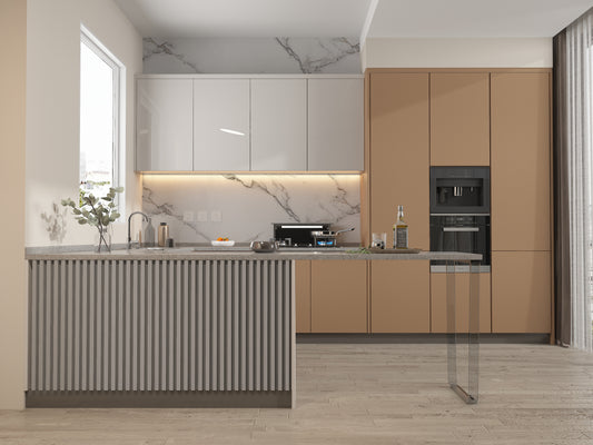 White linen WPC Fluted 3D Wall Panels. NewGen Depot. Kitchen Design From WPC Fluted Wall Panels