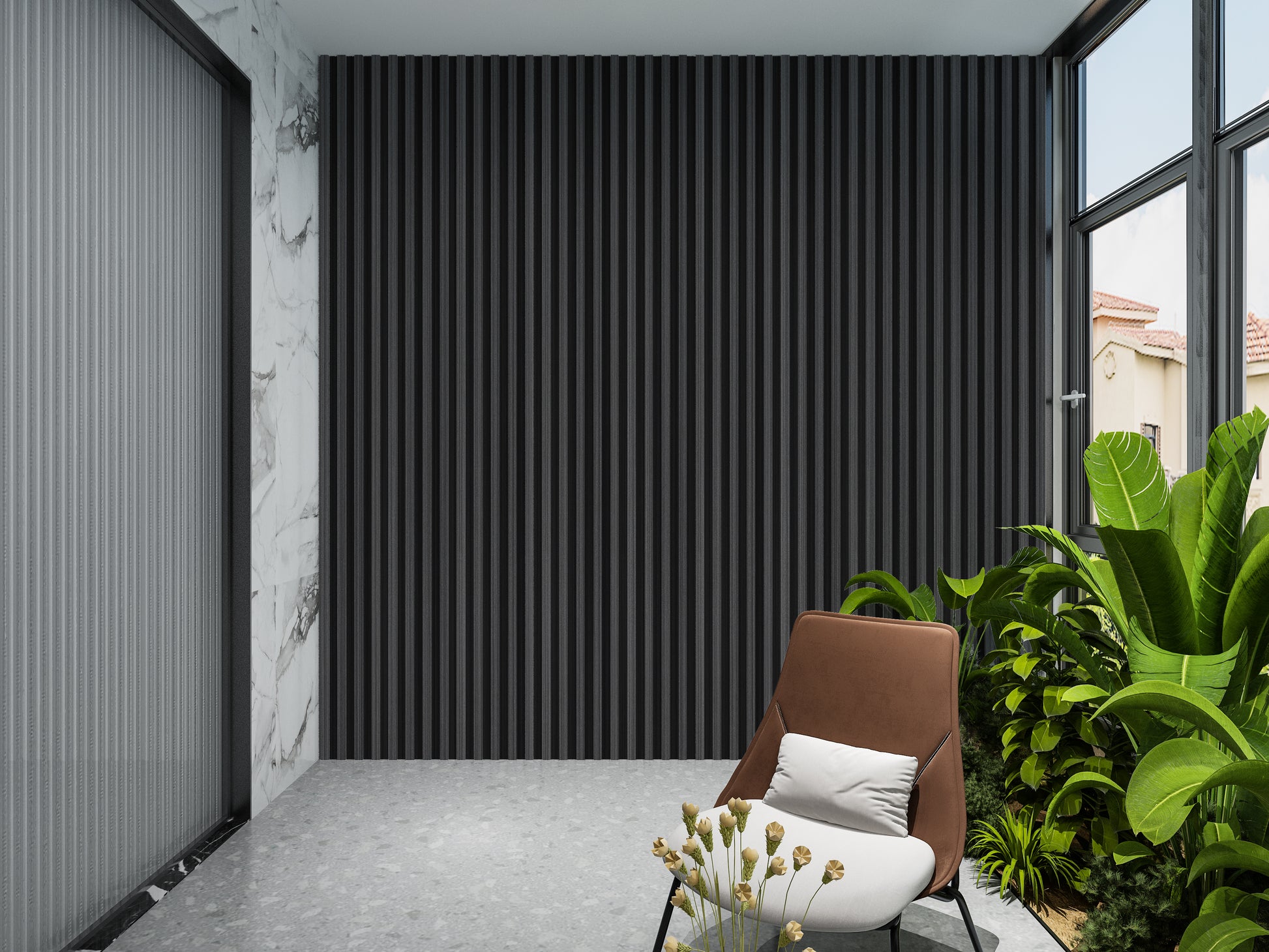 Carborn Gray WPC Fluted 3D Wall Panels. NewGen Depot. Balcony Design With WPC Fluted Wall Panels