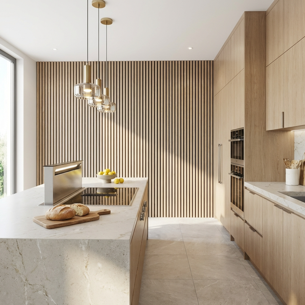 Modern kitchen with oak acoustic slat wall panel feature wall