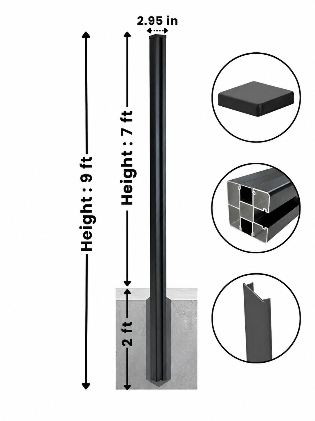 In-ground fence post dimension diagram labeled 8 ft tall, 6 ft above ground, 2 ft below ground, and 2.95 in wide