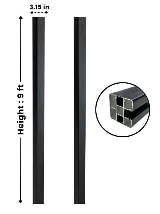 Two black NewGen 9 ft inground gate posts with 3.15-inch profiles shown side by side