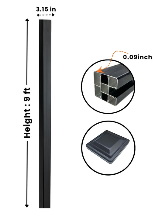 Black NewGen 9 ft inground gate post with 3.15-inch width, 0.09-inch wall detail and post cap