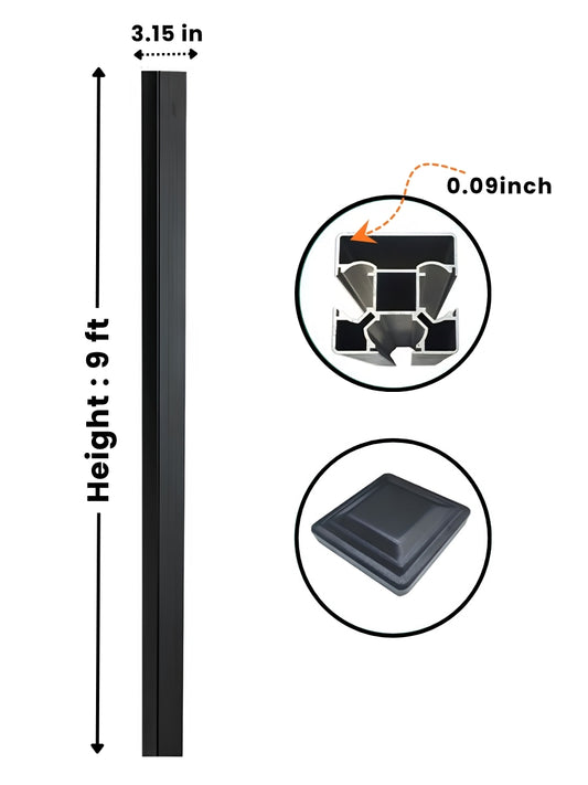 NewGen 9ft inground gate post with 3.15-inch width, 0.09-inch wall thickness detail, and post cap