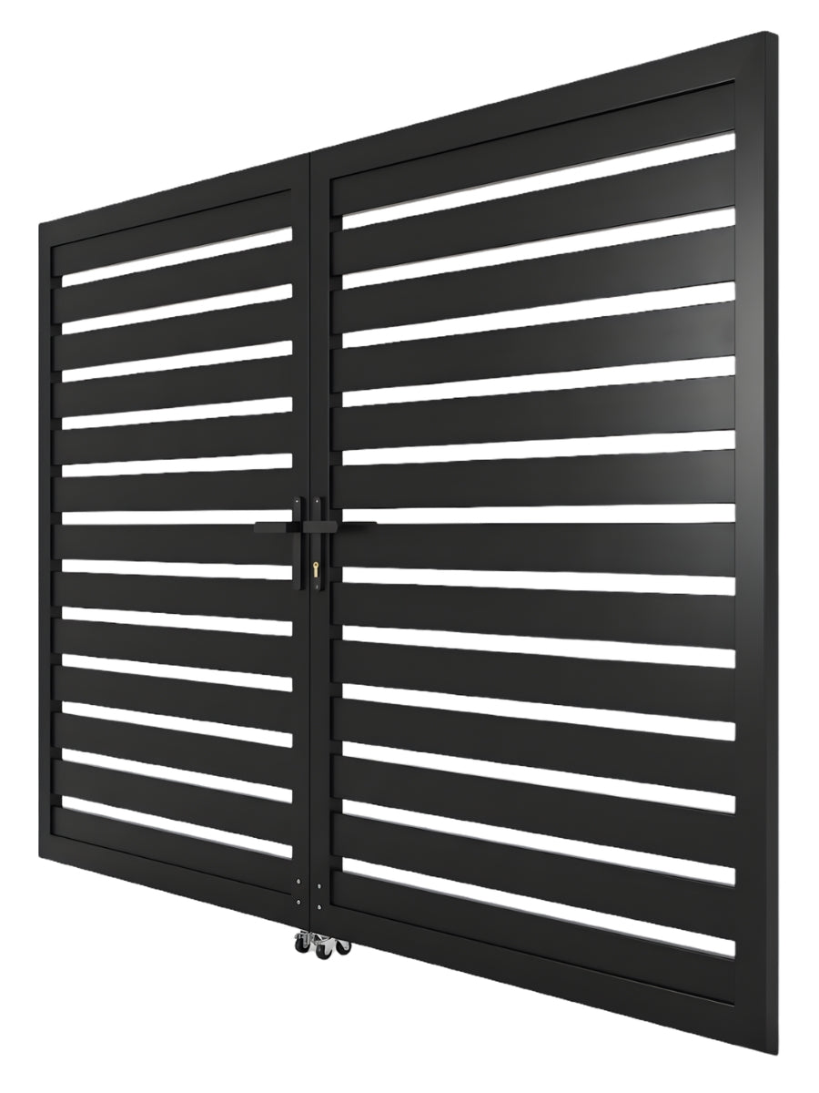 black aluminum semi privacy double gate 10ft wide driveway entrance