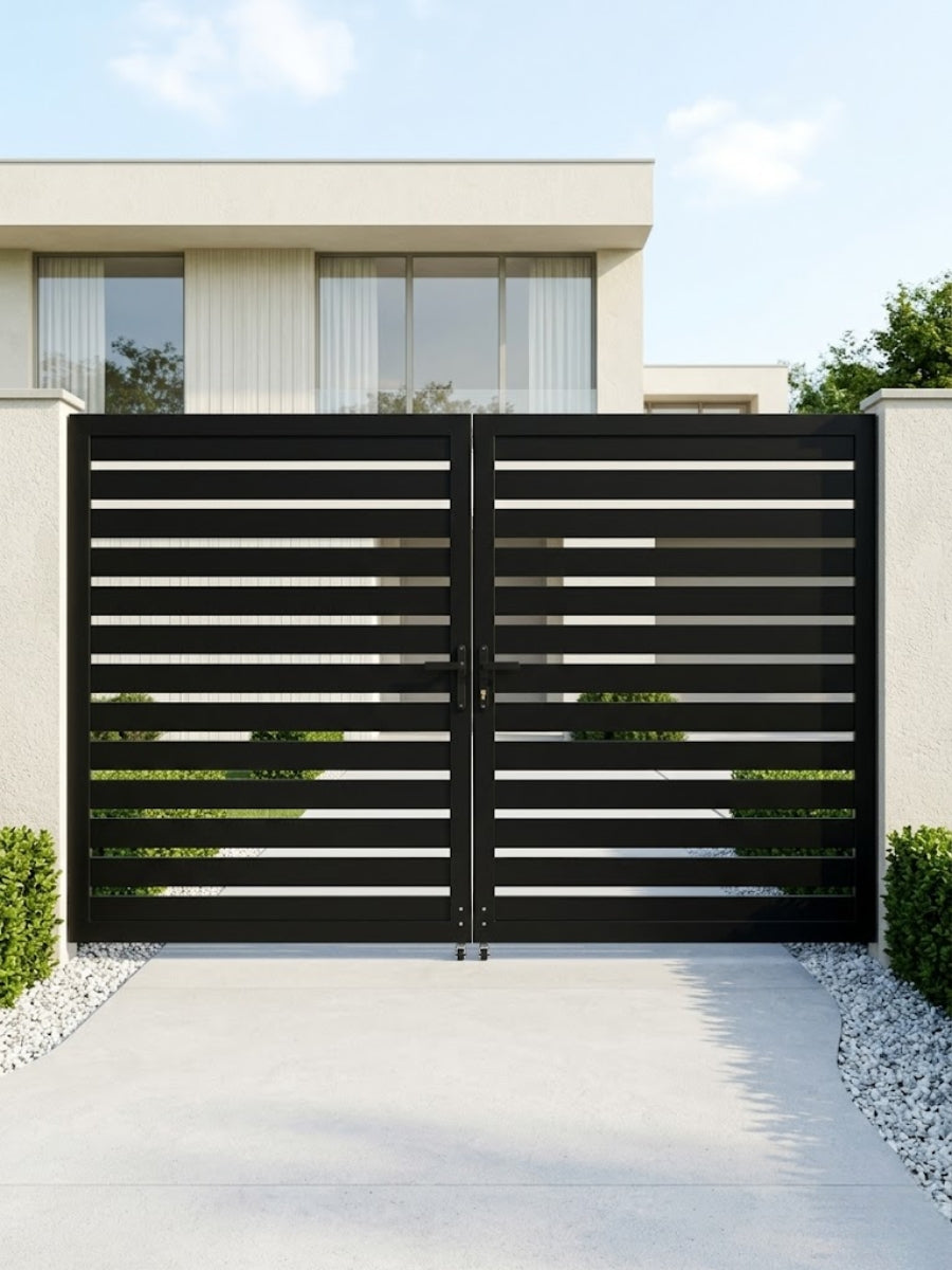 full open slatted aluminum double gate semi privacy modern yard entrance