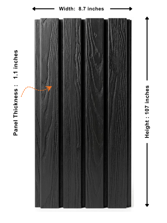 Wide black composite wall cladding boards for exterior siding