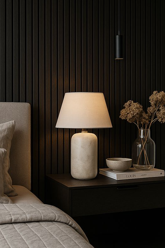 Luxury bedroom wall design using black acoustic slat panels
