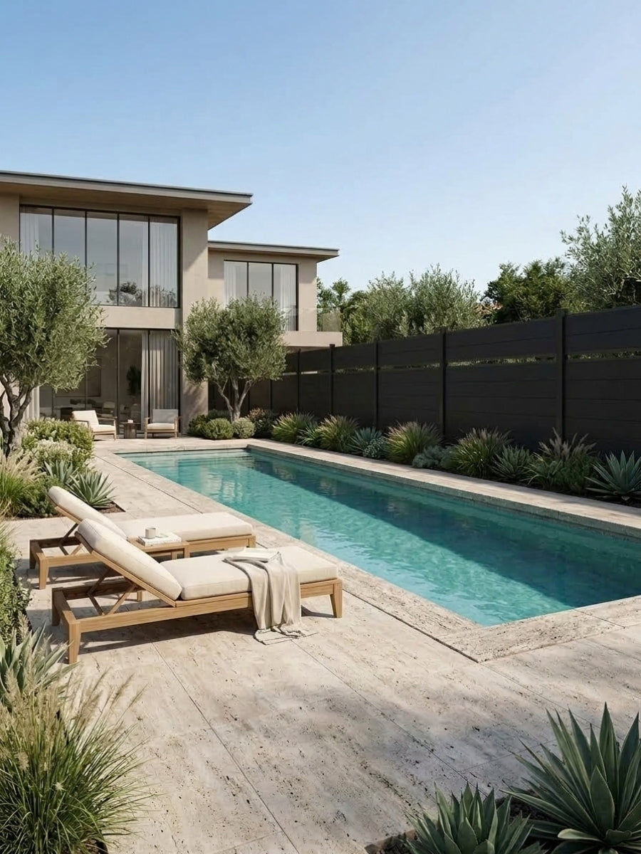 Black single divider composite fence enclosing a landscaped modern backyard swimming pool