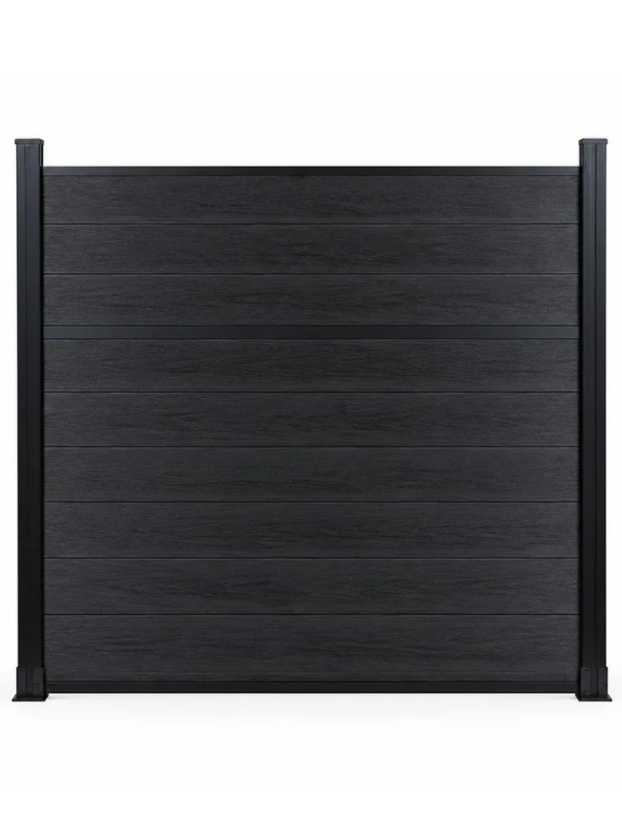 Front view of a black Center Trim composite fence panel with wood-grain horizontal boards