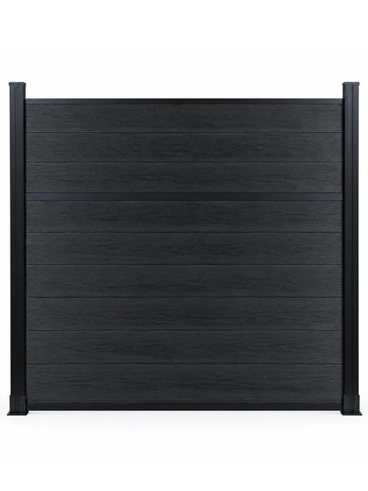 Front view of a black Center Trim composite fence panel with wood-grain horizontal boards