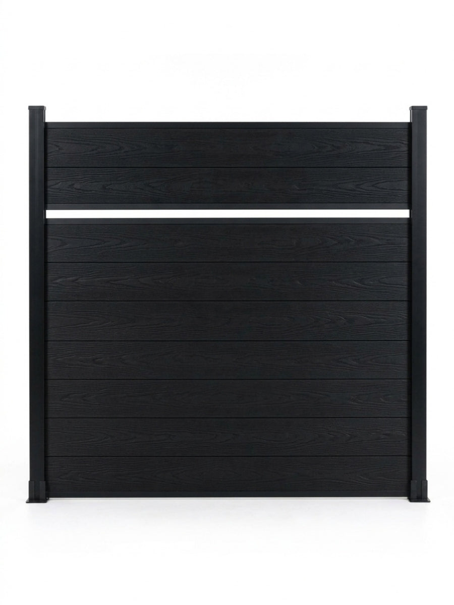 Front view of black single divider composite fence panel with a narrow horizontal opening