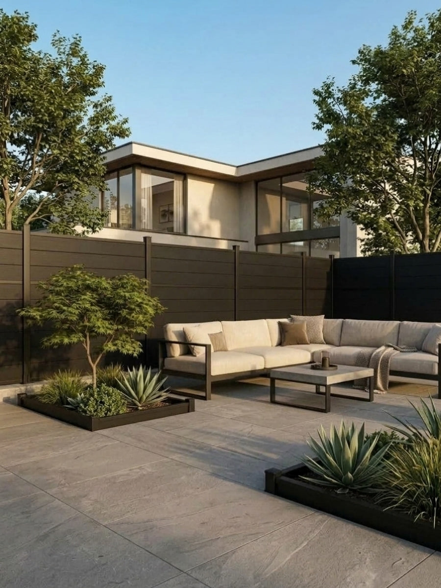 Black Center Trim composite fencing installed around a modern patio with sectional seating and garden beds