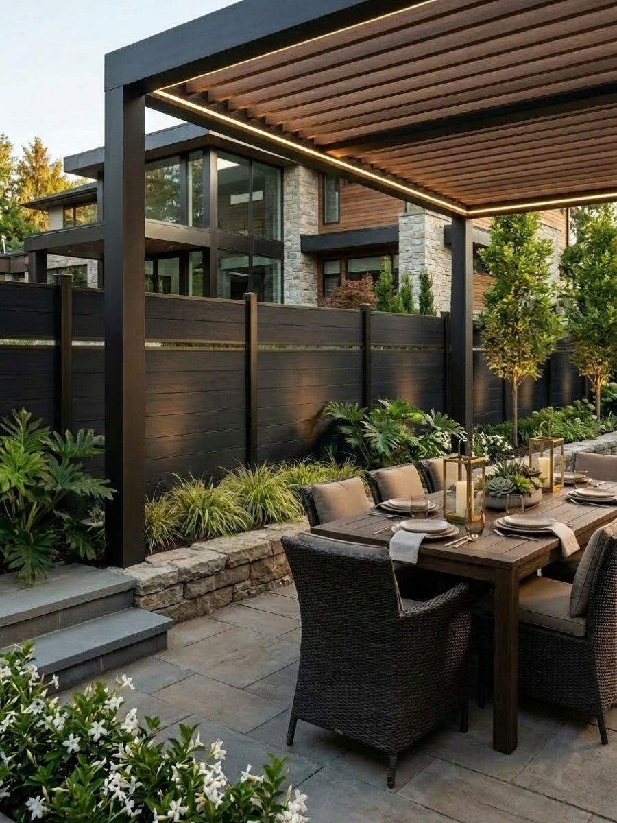 Black single divider composite fence installed around a landscaped patio dining area with a pergola