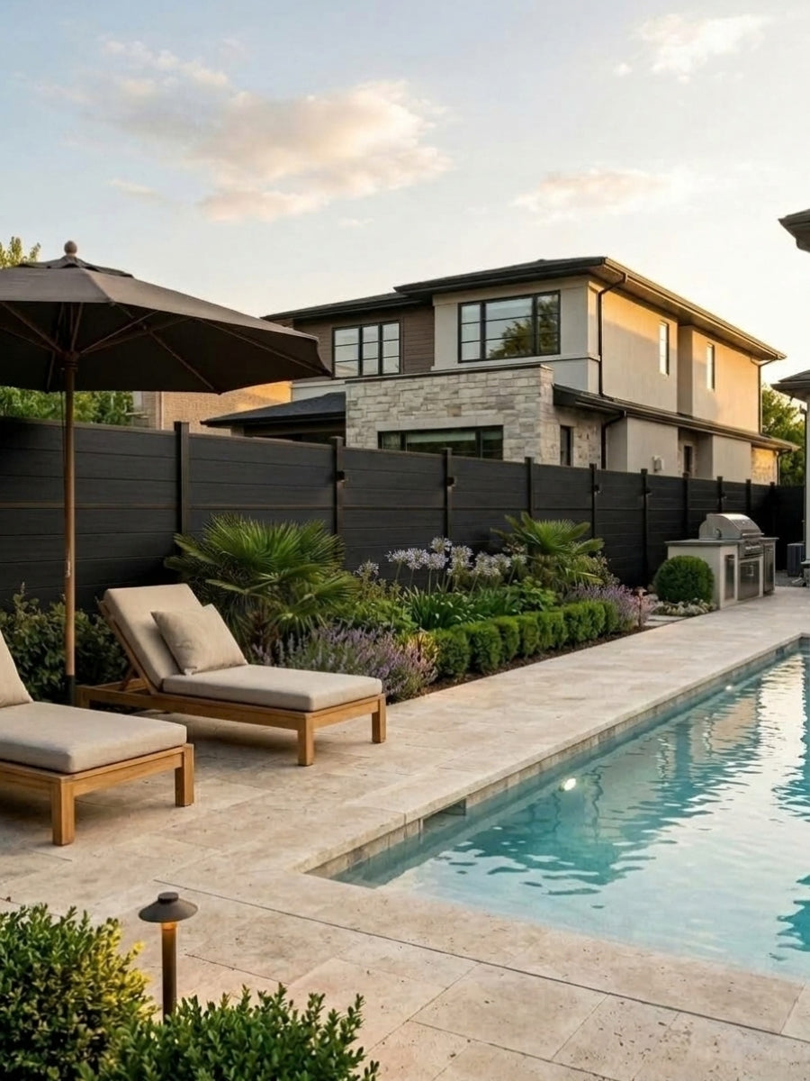 Black Center Trim composite fence surrounding a landscaped backyard pool and lounge area