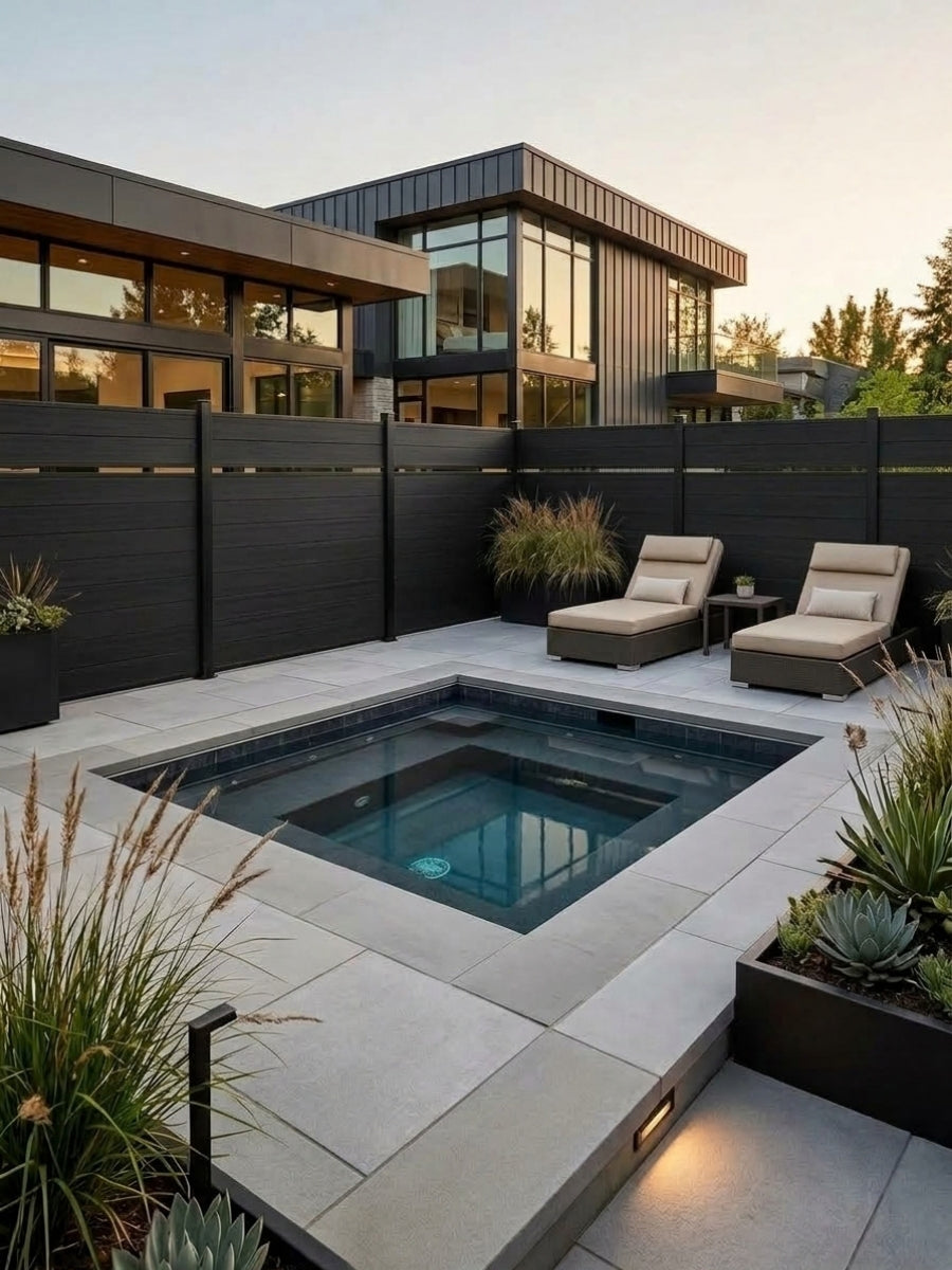 Black single divider composite fence enclosing a modern patio with a pool and lounge chairs