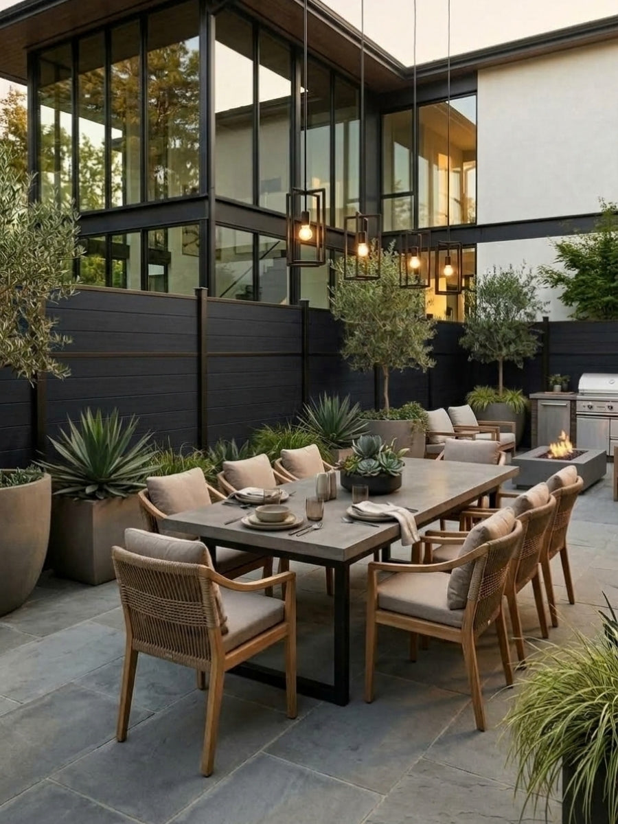 Black Center Trim composite fencing installed behind a modern outdoor dining area