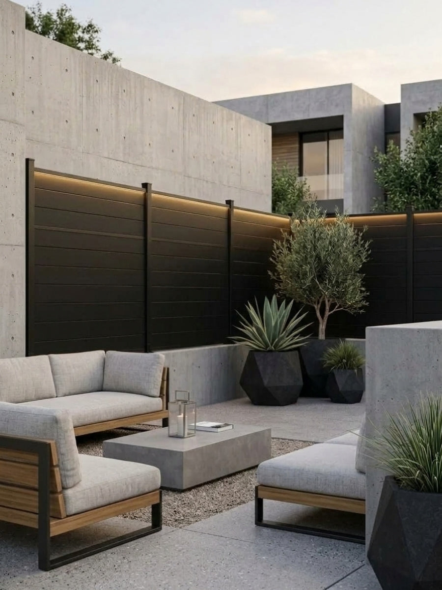 Black Center Trim composite fencing with integrated top lighting in a modern concrete courtyard