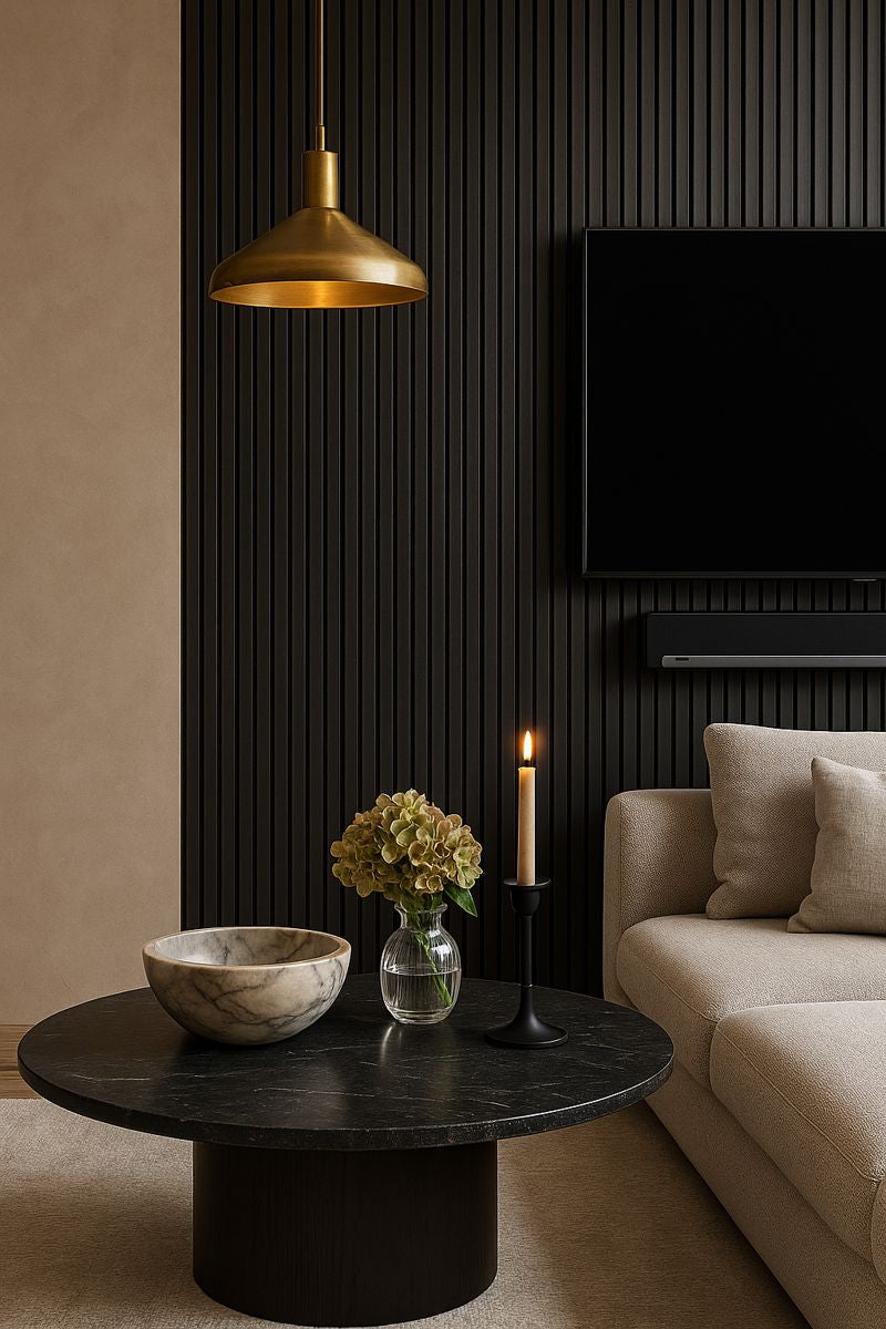 Contemporary living room with black acoustic wall slat panels
