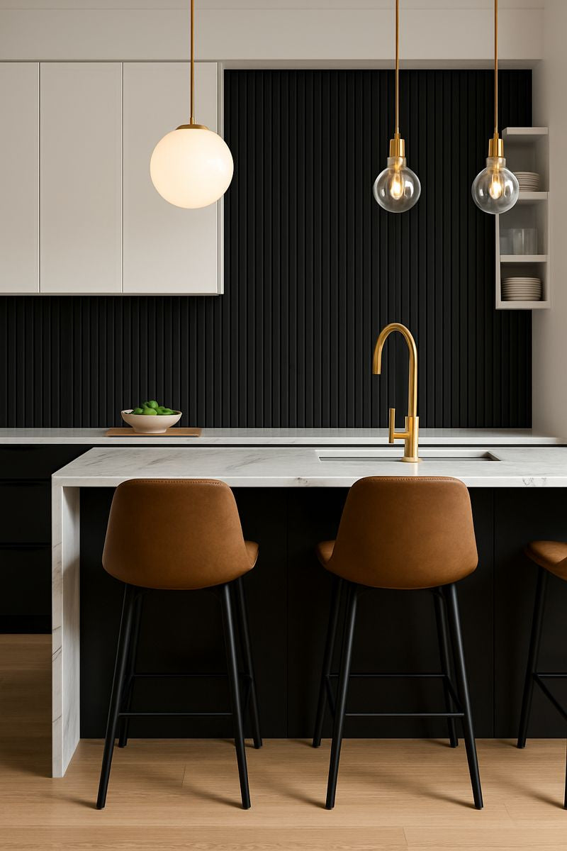 Premium black wood veneer slat panel texture close-up