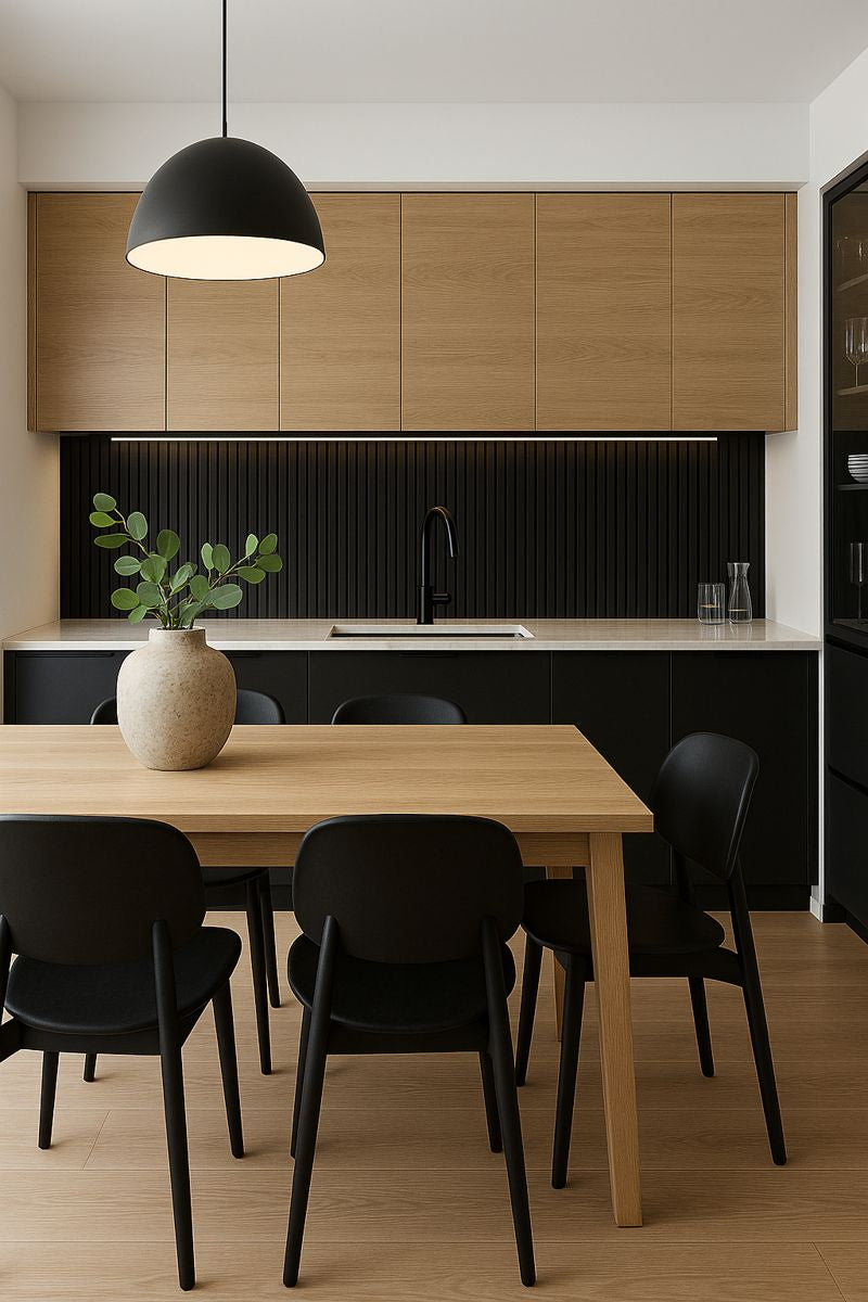 Modern interior wall with black acoustic slat wall panels