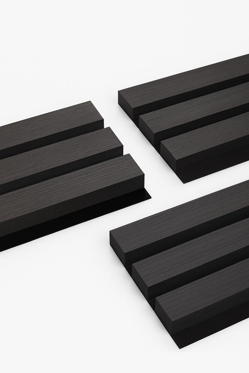 Black premium acoustic slat wall panel with 3-sided wood veneer