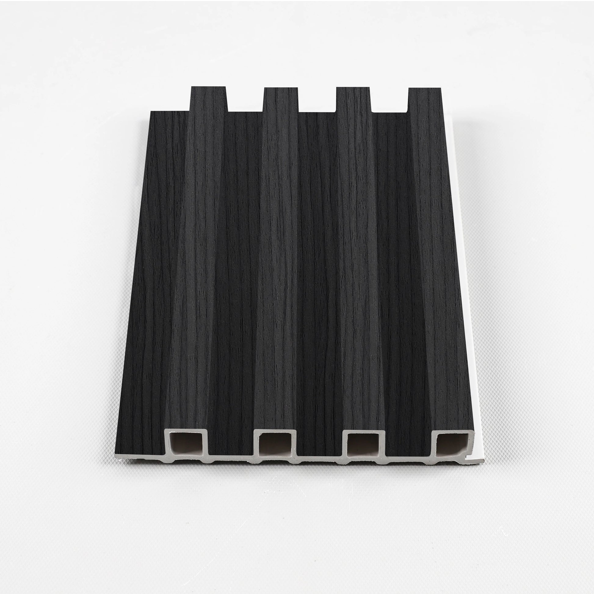 Black Timber WPC fluted 3D wall panel sample with modern wood texture
