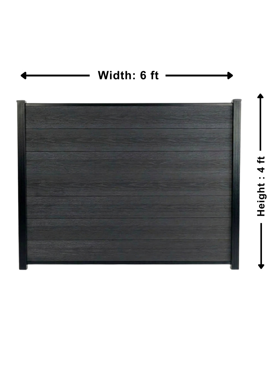Black composite privacy fence panel dimension diagram showing 6 ft. width and 4 ft. height