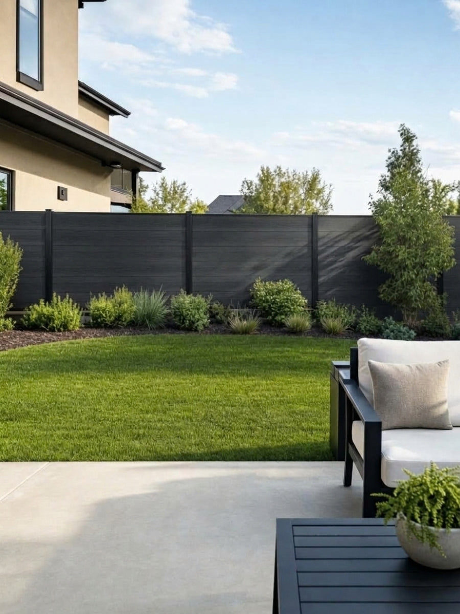 Black composite privacy fence bordering a landscaped lawn and contemporary patio