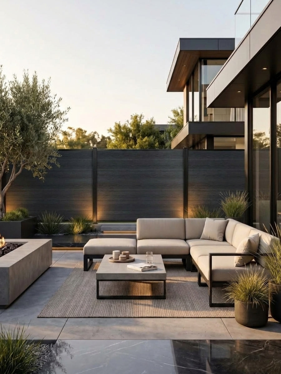 Black composite privacy fence panels installed around a modern patio with sectional seating
