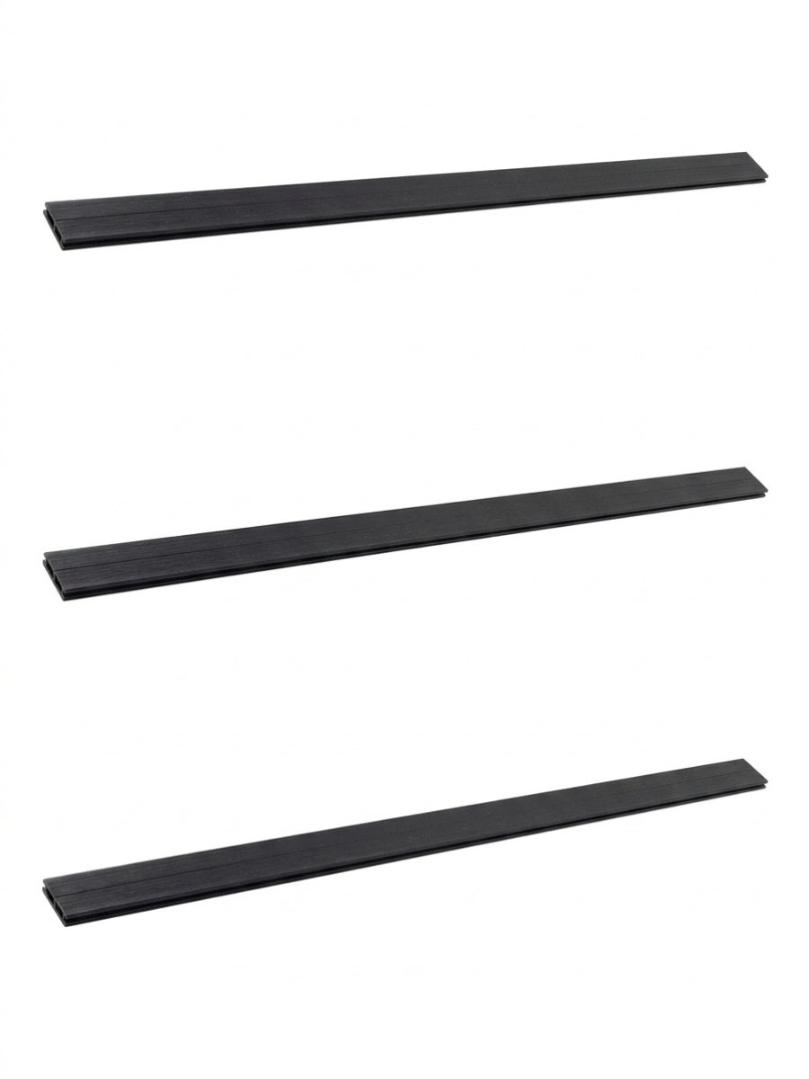 Set of three black top lattice privacy composite fence replacement boards with subtle wood-grain texture
