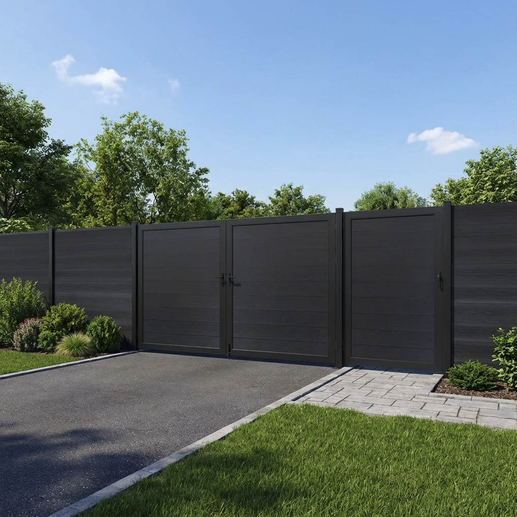 Black Composite fence single gate and a double gate in backyard