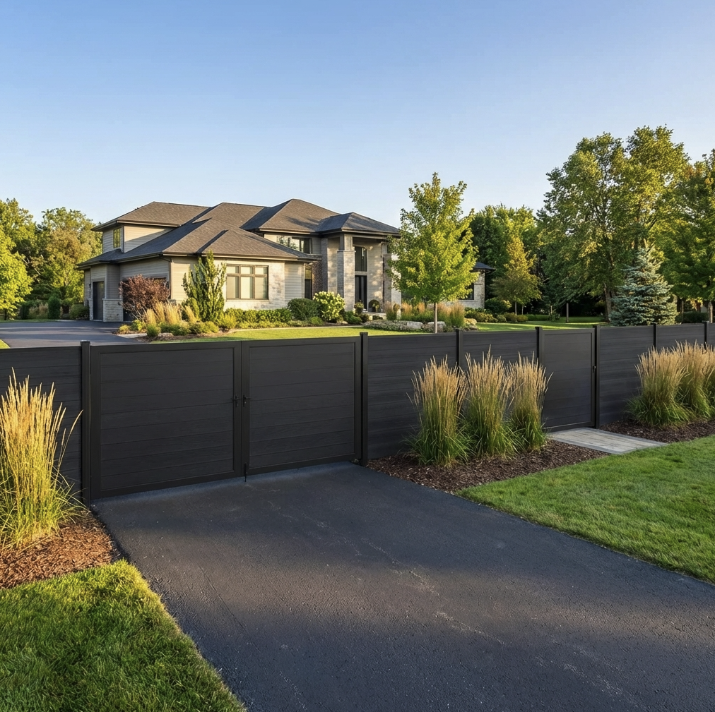 Black Composite fence single gate and a double gate in backyard driwave 