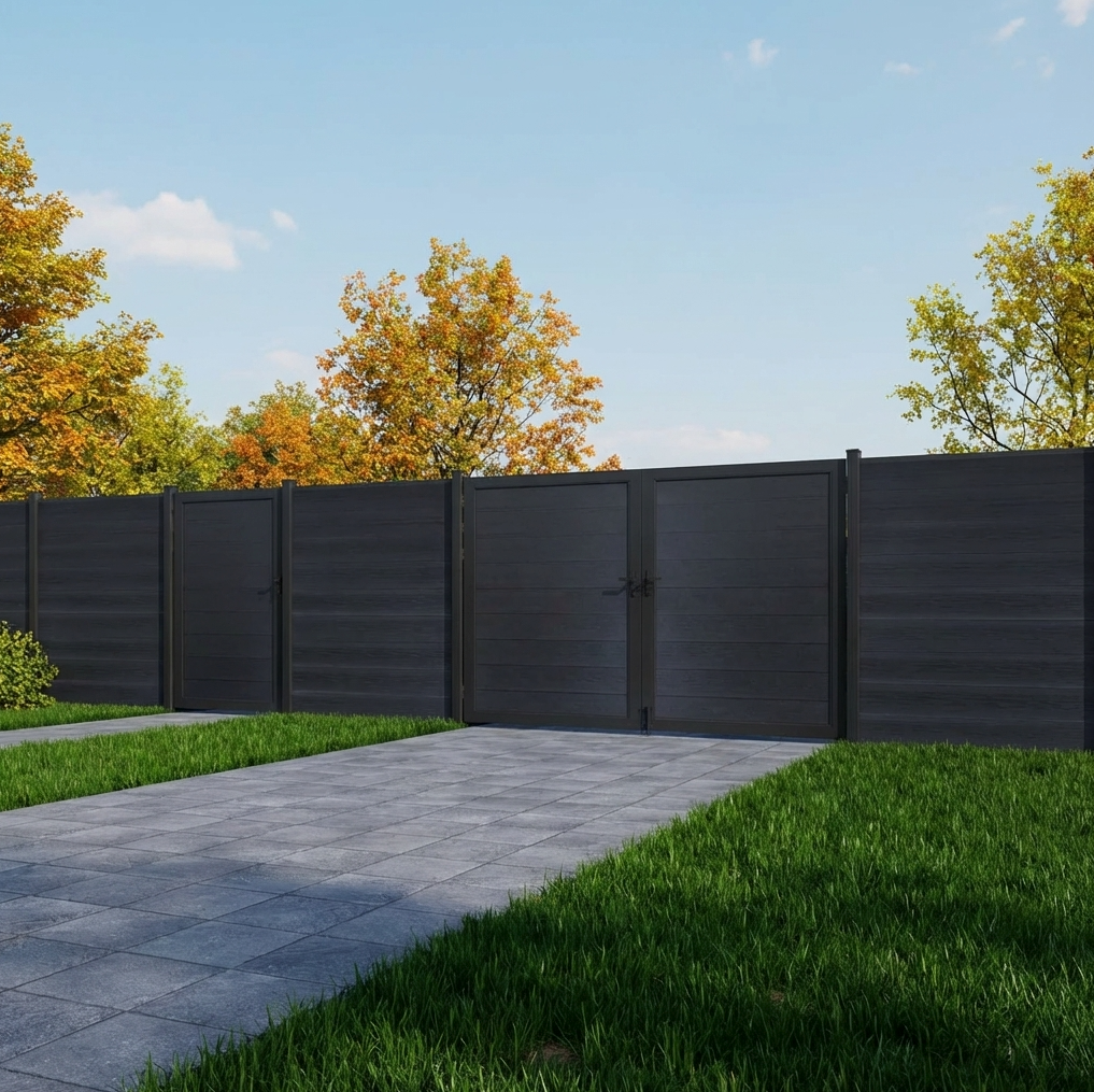Black composite fence with horizontal planks, Single and double gate
