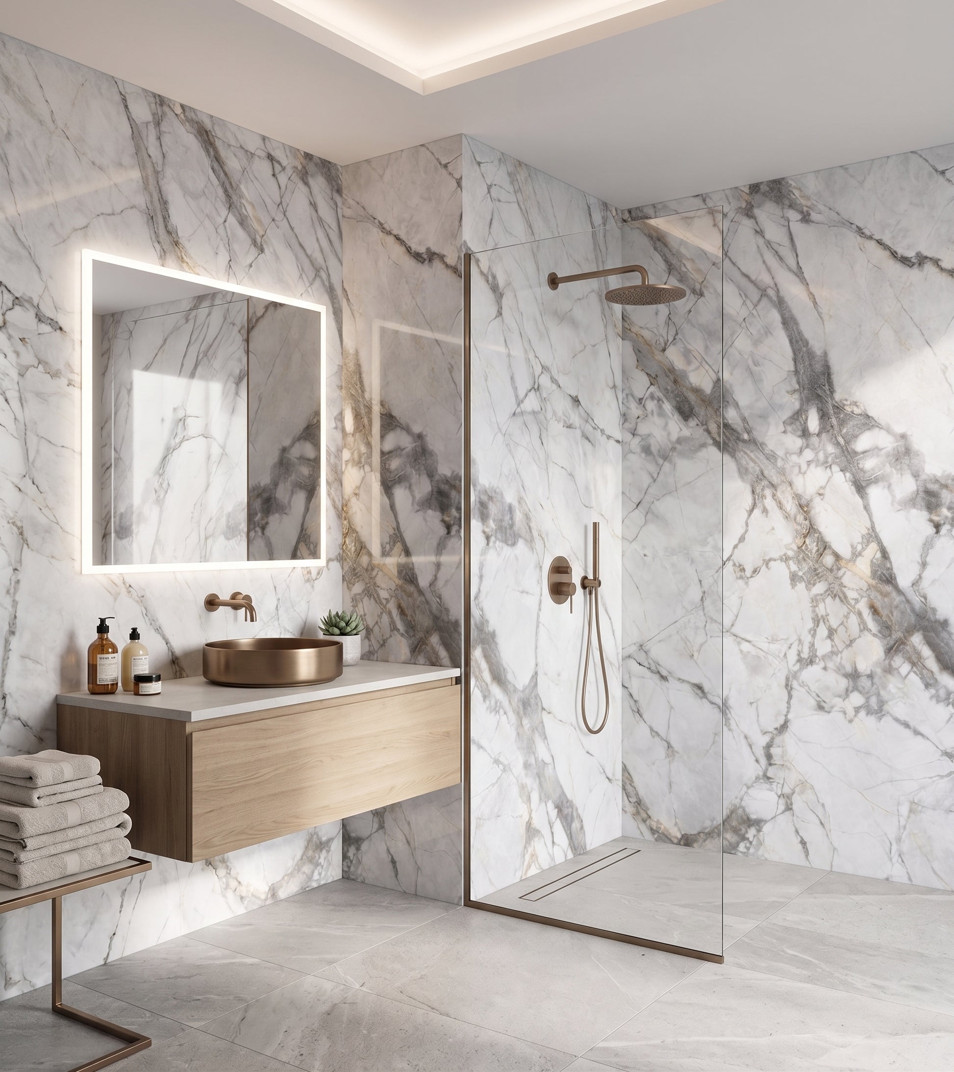 Book match wall panels shower 