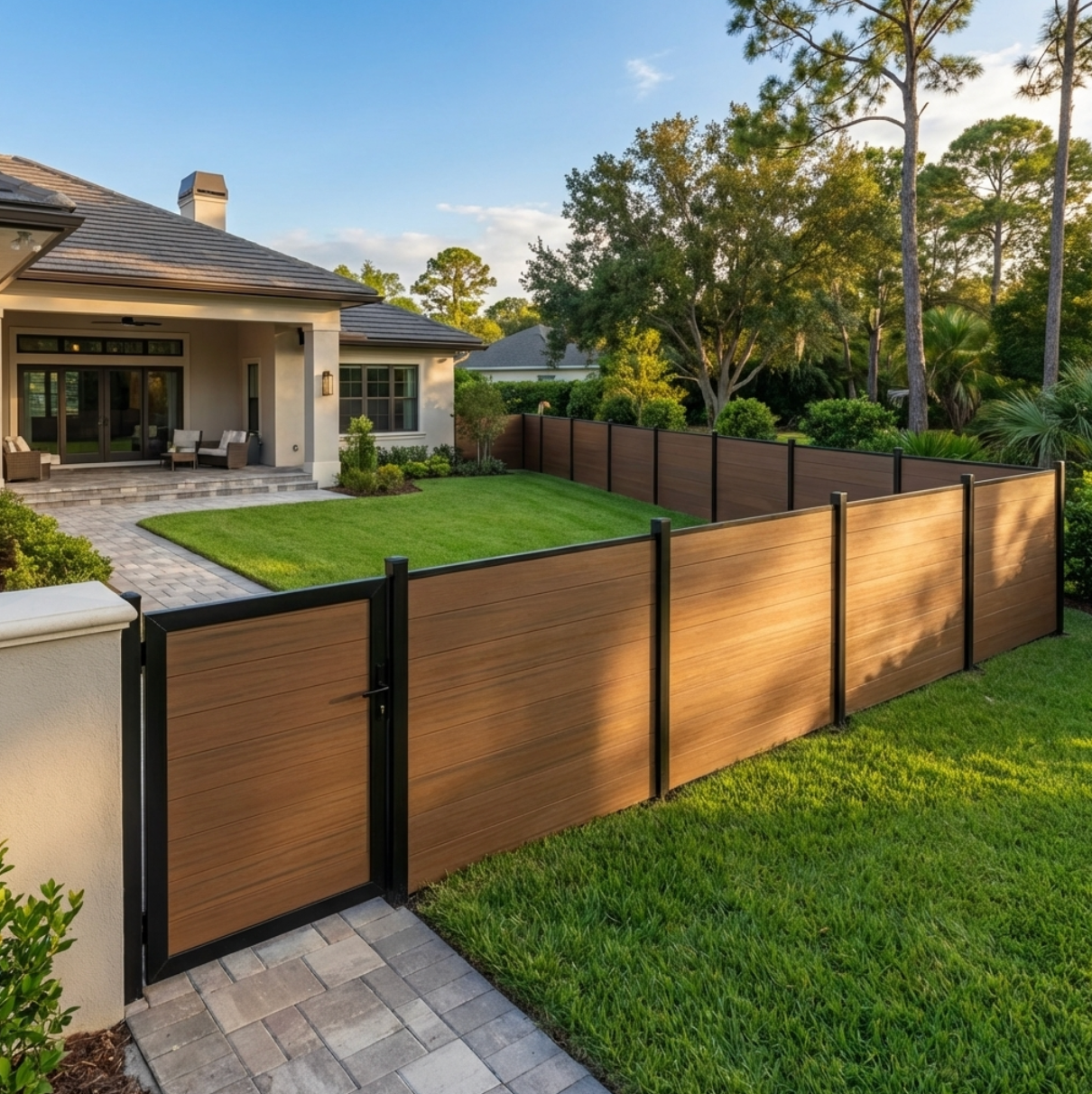 Brown composite fence has a walnut wood grain pattern. It comes with a gate and is supported by black metal posts. This fence is available at wholesale prices best quality 